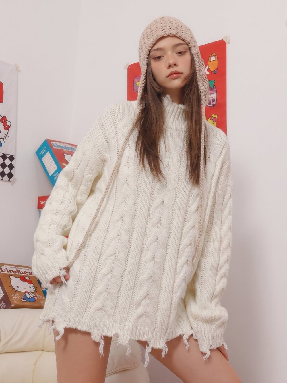 Neely Ivory Cable Knit Lurex Distressed Sweater